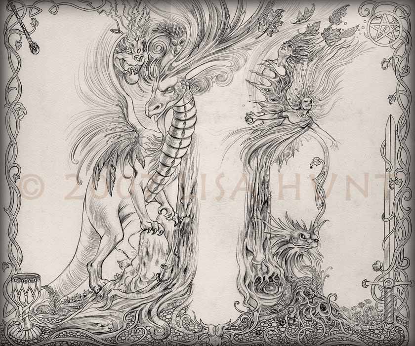 Fantatstical Creatures Tarot spread sheet drawing